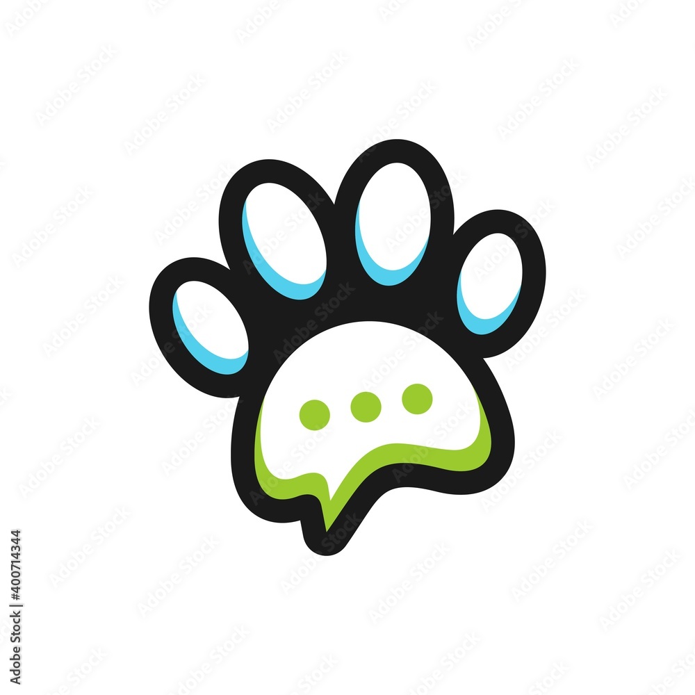 pet training, pet consulting, dog paw print with speech bubble. pet care logo pet training, pet consulting, dog paw print with speech bubble. pet care logo