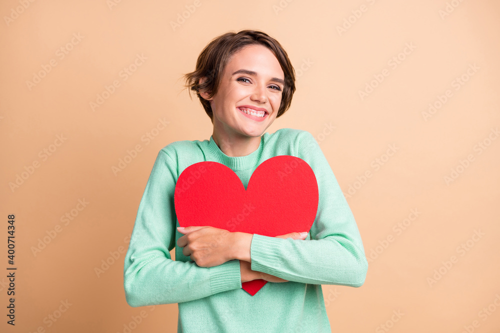 Photo of young girl happy positive smile hug big paper heart valentine day isolated over pastel color background Photo of young girl happy positive smile hug big paper heart valentine day isolated over pastel color background