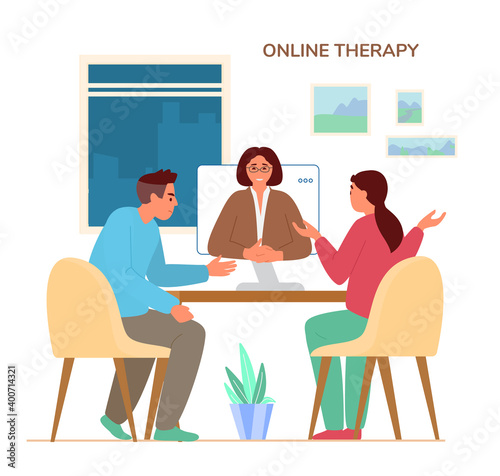 Online Family Therapy Concept Flat Vector Illustration. Couple Discussing Their Problems With Woman Psychologist Or Psychotherapist By Videoconference Call.