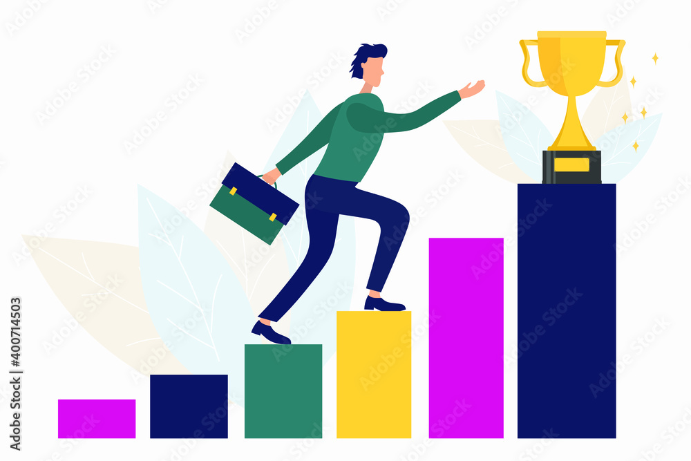 The way to achieve the goal, a person runs to victory with a suitcase in his hands along the columns, stairs up, movement up motivation, vector illustration on a white background The way to achieve the goal, a person runs to victory with a suitcase in his hands along the columns, stairs up, movement up motivation, vector illustration on a white background
