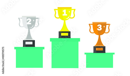 places of rewards. Gold, silver and bronze cups on the podium with the appointment of 1, 2 and 3 places. Awards and victory, vector illustration on a white background