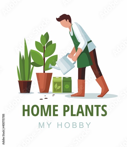Gardener watering flowers. House plants with green leaves in pots. Vector Illustration 
