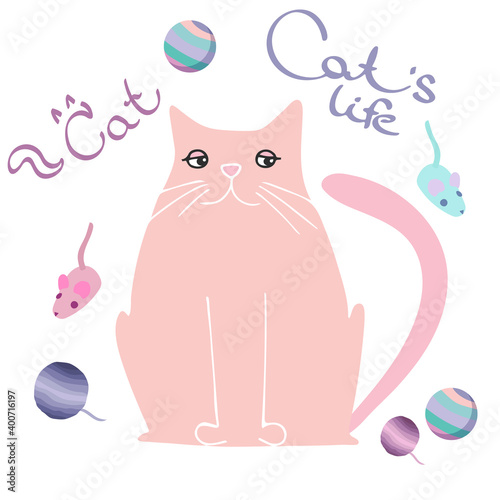 funny pink cat. vector illustration of a pet. cat with a mouse.