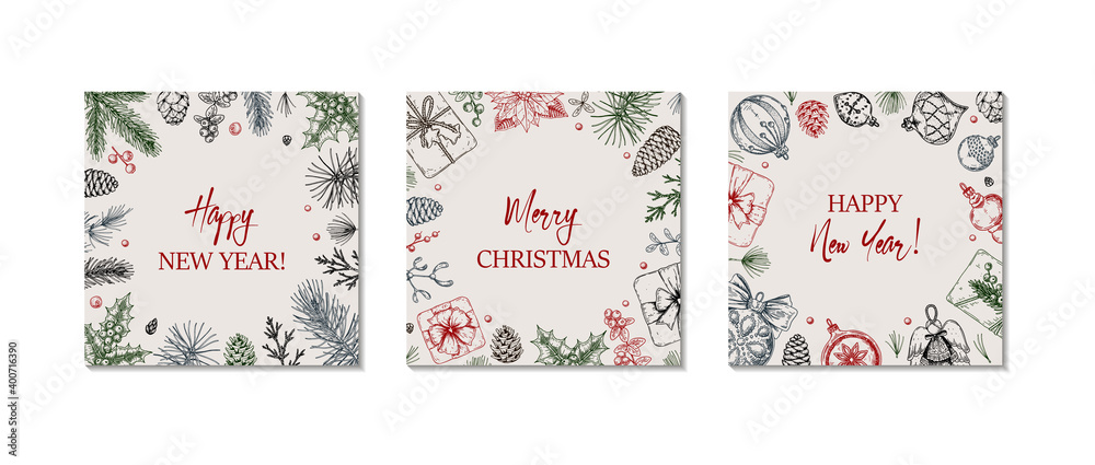 Set of hand drawn Merry Christmas and Happy New greeting cards with Christmas tree branches and cones, holly leaves and berries, gift boxes. Vintage vector illustration in sketch style. Set of hand drawn Merry Christmas and Happy New greeting cards with Christmas tree branches and cones, holly leaves and berries, gift boxes. Vintage vector illustration in sketch style.