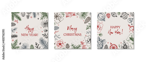 Set of hand drawn Merry Christmas and Happy New greeting cards with Christmas tree branches and cones, holly leaves and berries, gift boxes. Vintage vector illustration in sketch style.