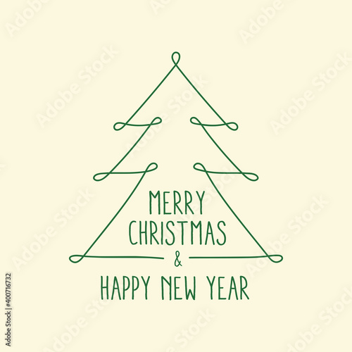 Merry Christmas and Happy New Year postcard. Line tree illustration