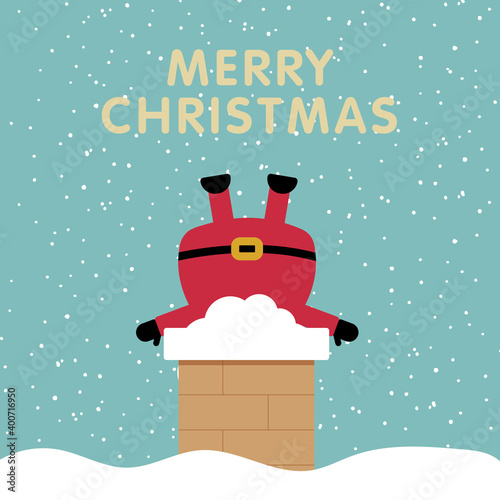 Santa stuck in chimney winter snowy landscape. Merry Christmas postcard