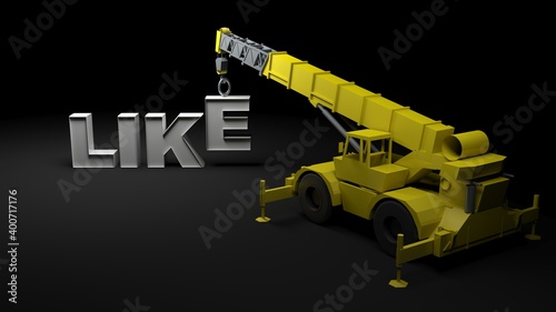 Fototapeta Naklejka Na Ścianę i Meble -  LIKE write arranged by a yellow crane on black background - 3D renderin gillustration