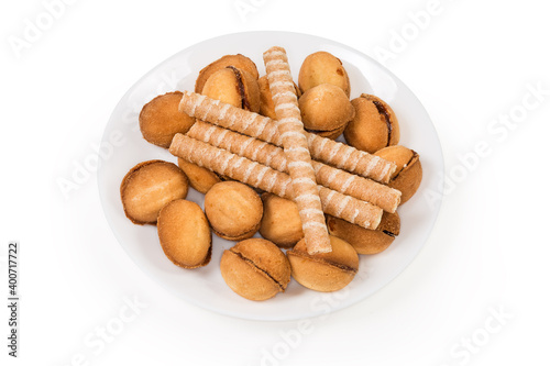 Nuts shape cookies and wafer tubes with different filling