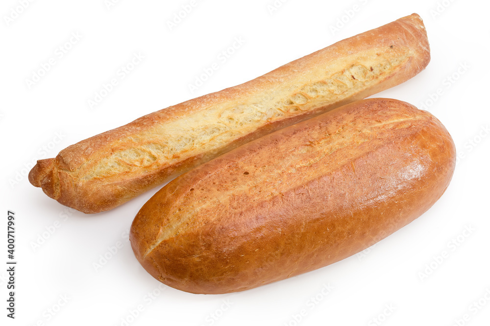Baguette and white wheat bread on a white background Baguette and white wheat bread on a white background
