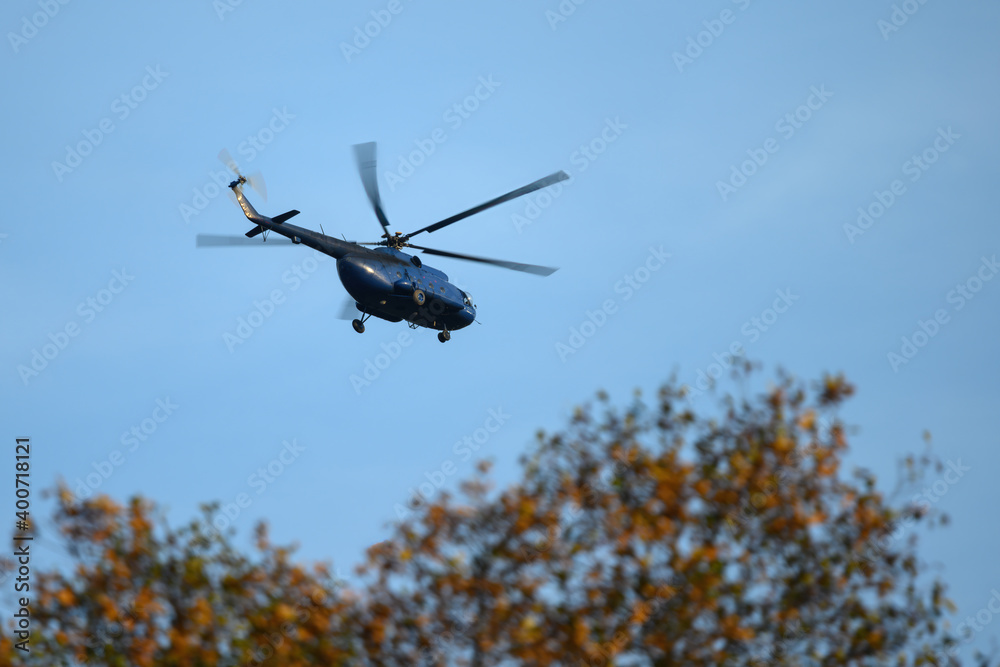 Fototapeta premium Flying big helicopter over the trees.