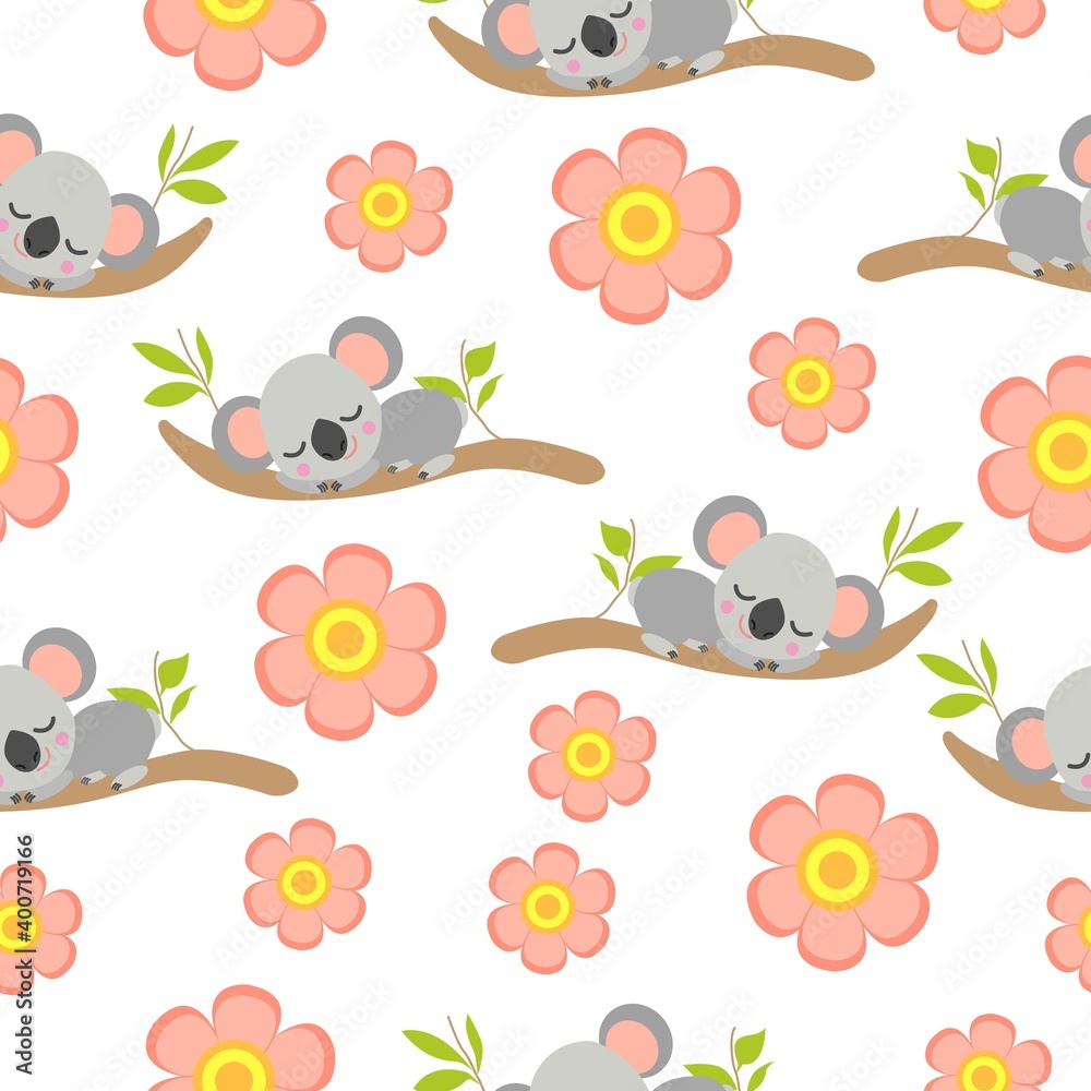 Seamless pattern with koala babies sleeping on eucalyptus branches and ...