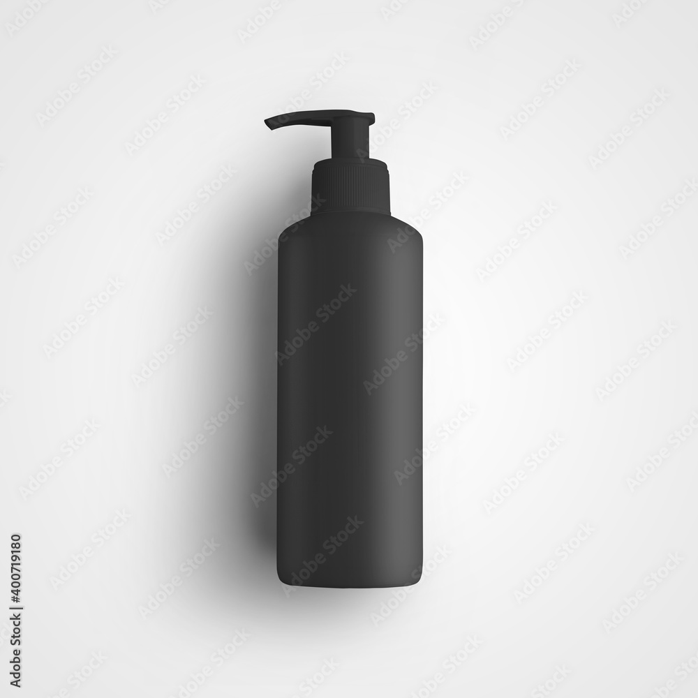 A mockup of a black plastic jar with a dispenser for antiseptic, soap,gel, a bottle with a pump, for design presentation, advertising in medicine.