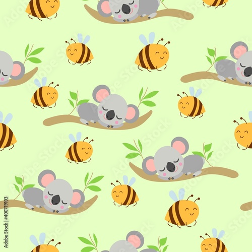 Fototapeta Naklejka Na Ścianę i Meble -  Seamless pattern with koala babies sleeping on eucalyptus branches and Yellow bees. Green background. Flat design. Cartoon style. Cute and funny. For kids textile, wallpaper and wrapping paper. Summer