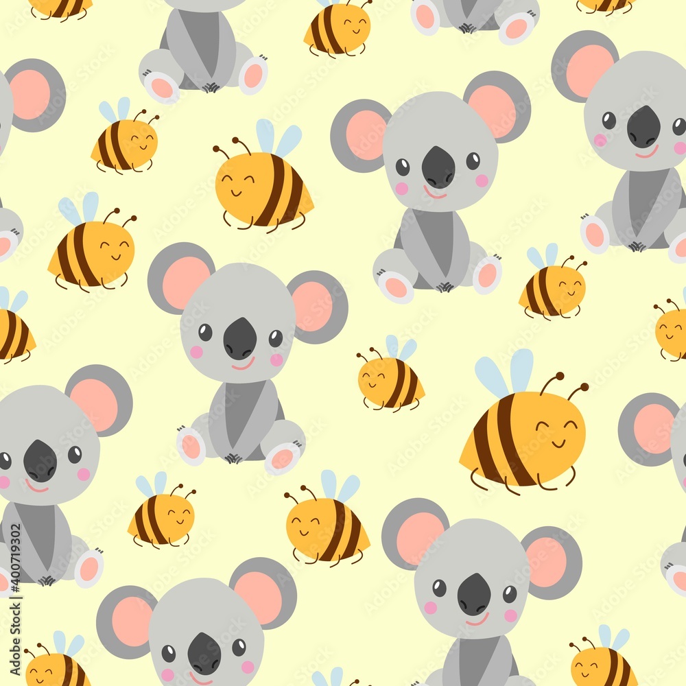 Seamless pattern with koala babies and yellow bees. Pastel yellow background. Flat cartoon style. Cute and funny. For children textile, scrapbooking, wallpaper and wrapping paper. Spring and summer Seamless pattern with koala babies and yellow bees. Pastel yellow background. Flat cartoon style. Cute and funny. For children textile, scrapbooking, wallpaper and wrapping paper. Spring and summer