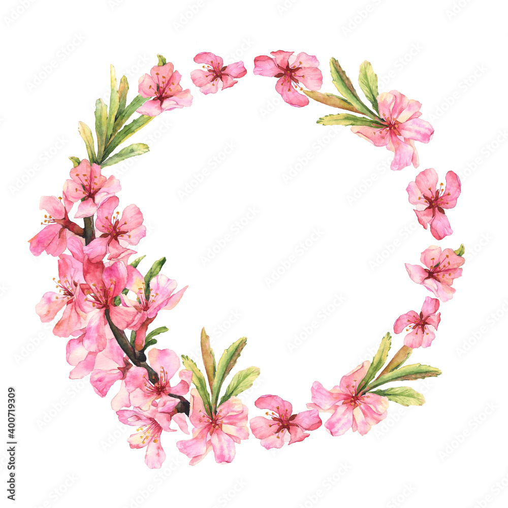 Frame of flowers. Watercolor illustration of almond blossom branch
