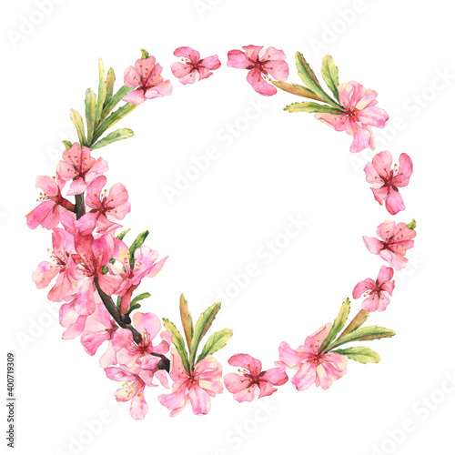 Frame of flowers. Watercolor illustration of almond blossom branch