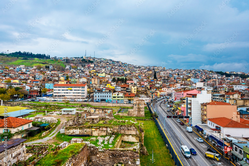 Agora Ancient city of Smyrna and Izmir City panoramic view in Turkey