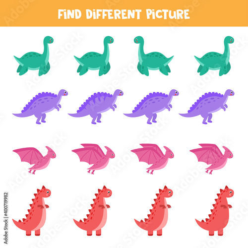 Find different dinosaur in each row. Logical game for kids.