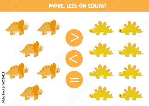 More, less, equal with cute dinosaurs. Math game.
