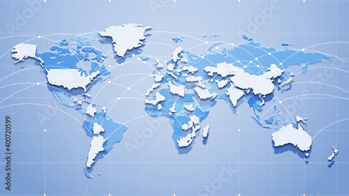 Vector outline image of planet Earth with continents and countries. Economic ties. Global communication system and the Internet. Blue technological background. 3D effect and perspective.