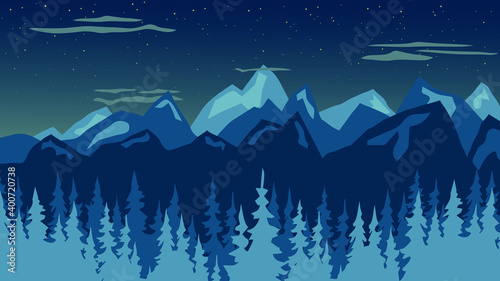 Flat mountain landscape. Dark mystery winter mountain pines scenery.