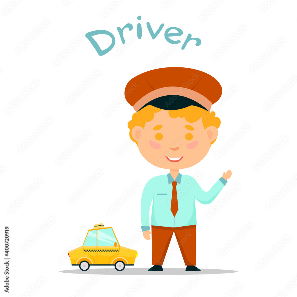 The child plays the driver. Taxi and driver. Vector illustration. Cartoon character child