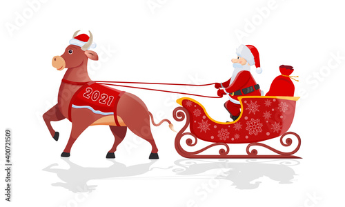 Santa Claus with red bag rides big bull sleigh on white nature background.