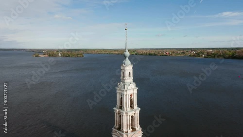 Aerial view of the spire of the bell tower in Kalyazin