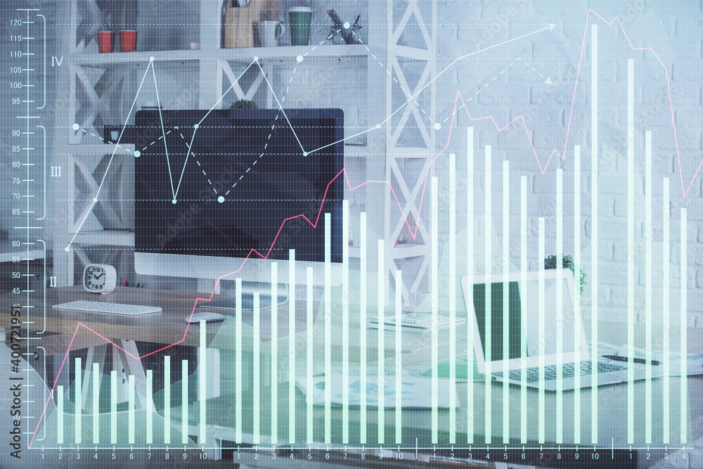 Double exposure of financial graph drawing and office interior background. Concept of stock market. Double exposure of financial graph drawing and office interior background. Concept of stock market.