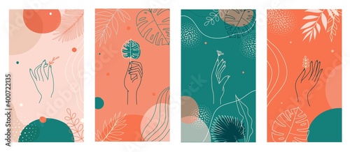 Social media stories set, abstract modern backgrounds with colorful combination of shapes and tropical palm, monstera leaves, hands and plants logo icon. For advertising, branding vector illustration