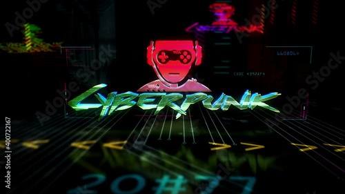 Futuristic cyberpunk style loop seamless animation. Modern abstract 3d rendering hologram intro with glitch effect. Cyber crime, darkweb game and future gaming night city.