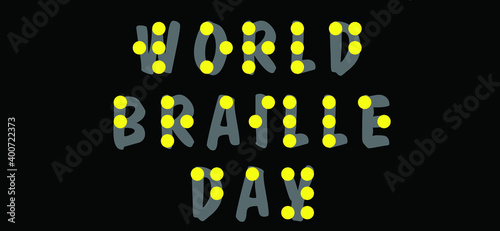 Slogan World braille day, blind. Alphabet for blind, reading braille code signs. Louis Braille france Coupvray. 4 January Flat vector symbol. Text touching the relief hand finger quote. Points or dots