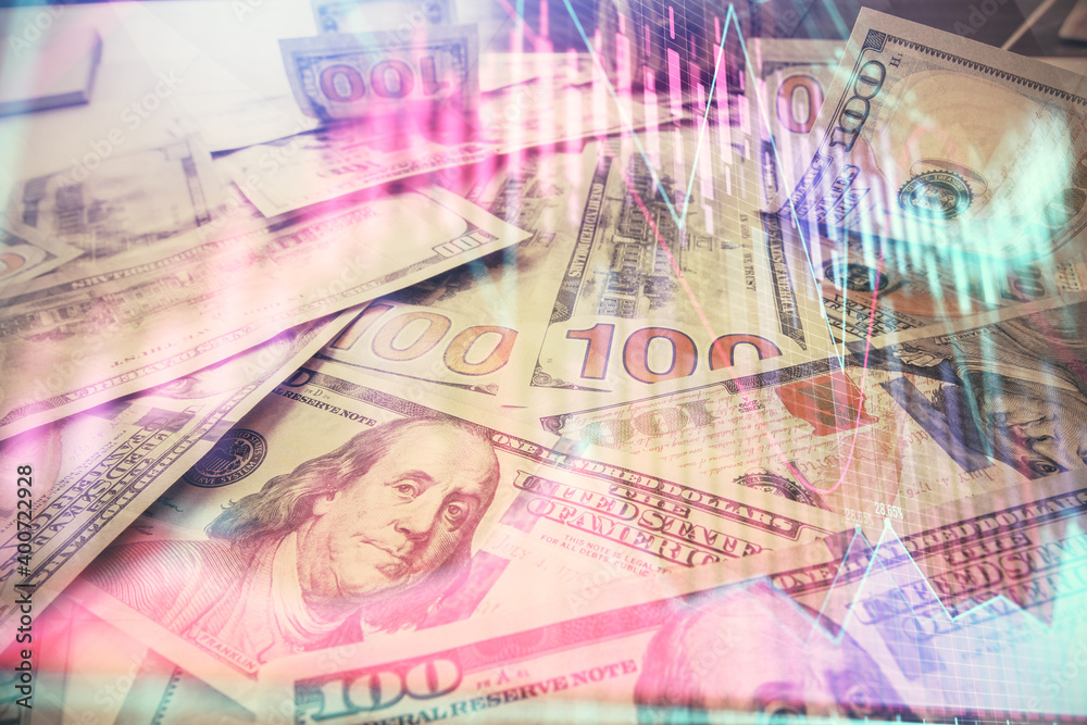 Multi exposure of forex chart drawing over us dollars bill background. Concept of financial success markets. Multi exposure of forex chart drawing over us dollars bill background. Concept of financial success markets.