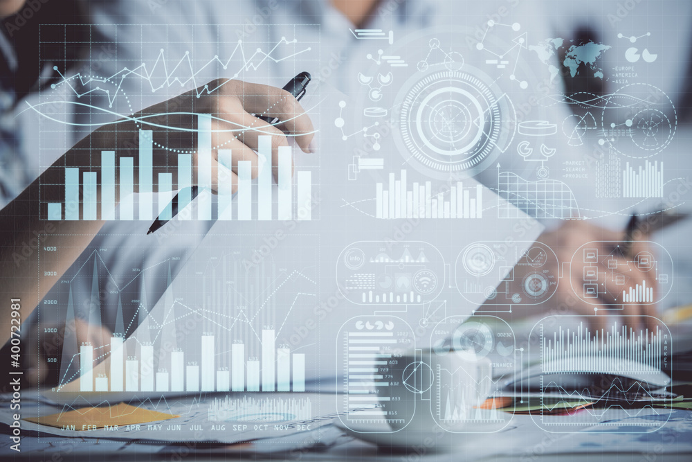 Double exposure of forex graph drawing over people taking notes background. Concept of financial analysis Double exposure of forex graph drawing over people taking notes background. Concept of financial analysis