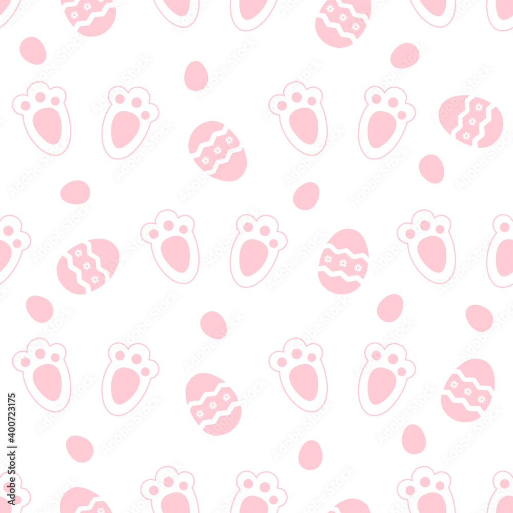 Seamless pattern with rabbit foot prints and Easter eggs on white background vector illustration.