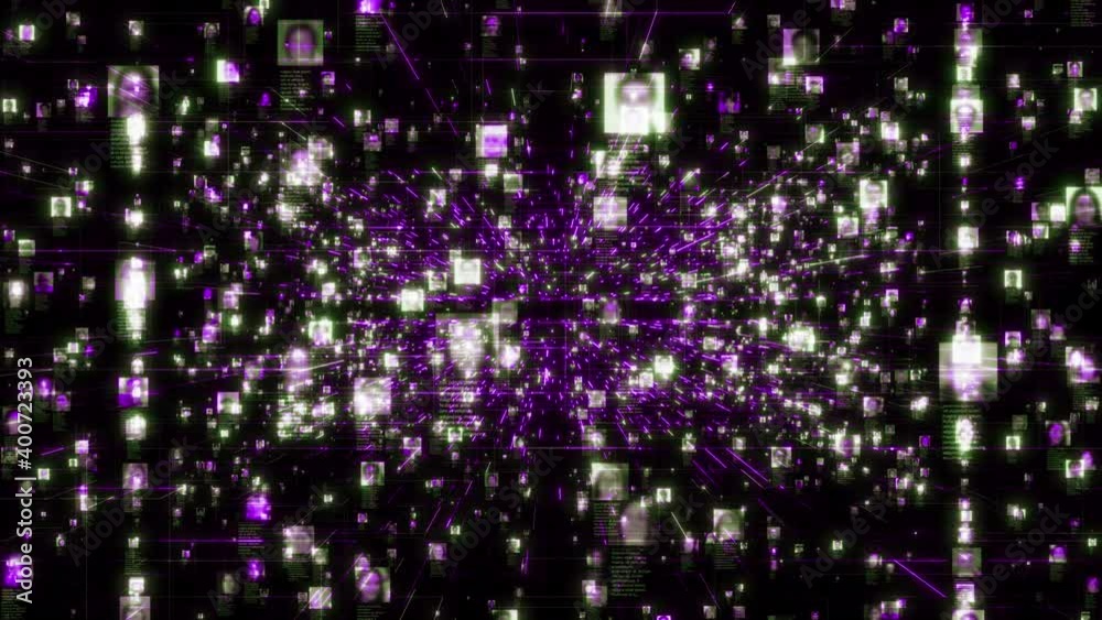 artificial intelligence concept of a social network with a stream of portraits moving along bright purple network connections in black cyberspace background. 3d rendering 4K footage. artificial intelligence concept of a social network with a stream of portraits moving along bright purple network connections in black cyberspace background. 3d rendering 4K footage.