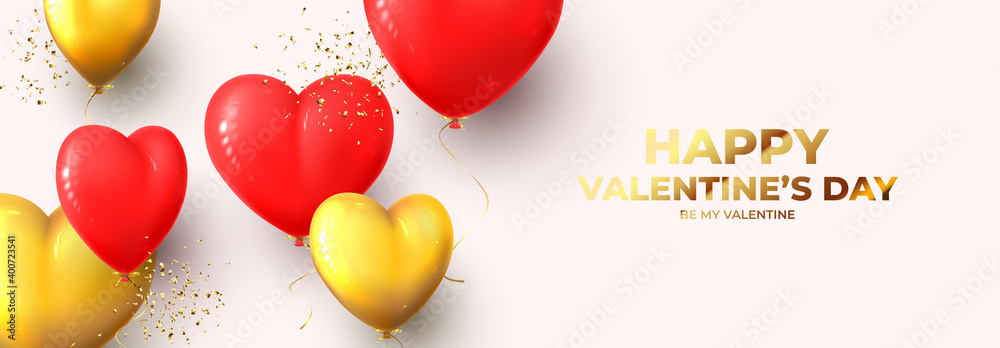 Happy Valentine's Day horizontal banner. Realistic red and gold balloons and golden confetti on light pink background. Vector illustration with 3d decorative objects for Valentine's Day.