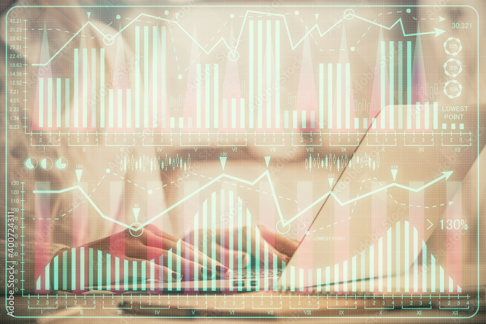 Double exposure of woman hands working on computer and forex graph hologram drawing. Financial analysis concept. Double exposure of woman hands working on computer and forex graph hologram drawing. Financial analysis concept.