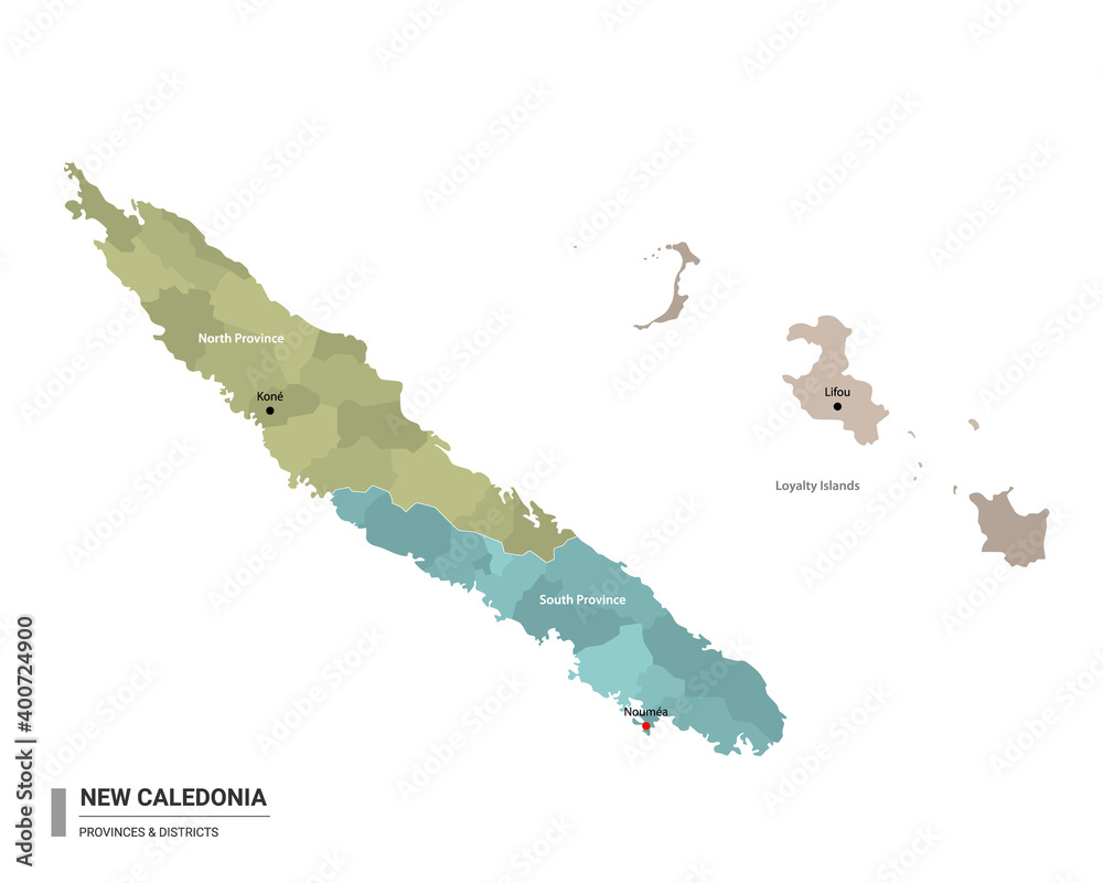 New Caledonia higt detailed map with subdivisions. Administrative map of New Caledonia with districts and cities name, colored by states and administrative districts. Vector illustration. New Caledonia higt detailed map with subdivisions. Administrative map of New Caledonia with districts and cities name, colored by states and administrative districts. Vector illustration.
