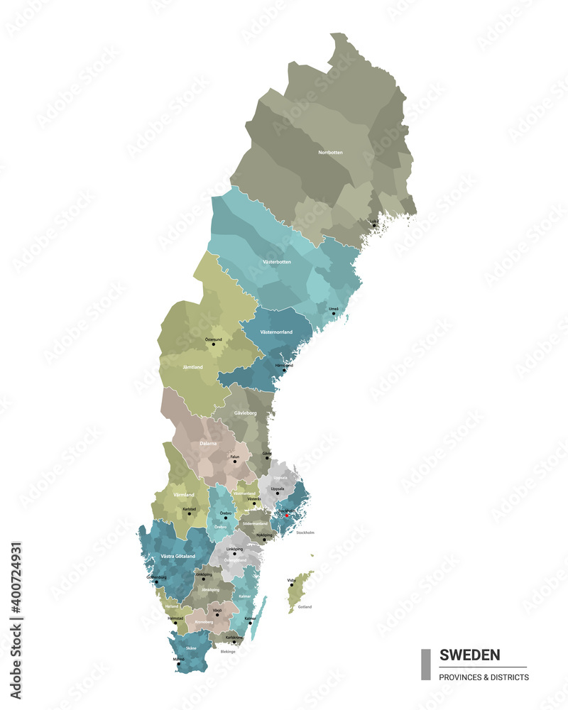 Sweden higt detailed map with subdivisions. Administrative map of