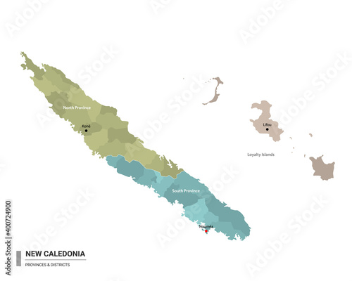 New Caledonia higt detailed map with subdivisions. Administrative map of New Caledonia with districts and cities name, colored by states and administrative districts. Vector illustration.