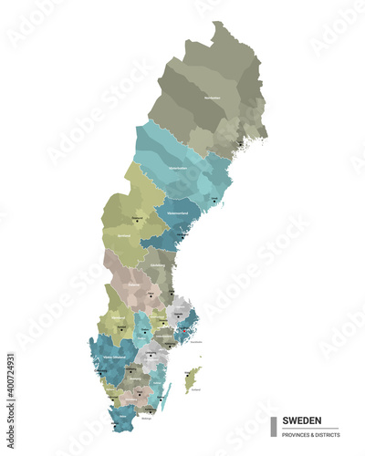 Sweden higt detailed map with subdivisions. Administrative map of Sweden with districts and cities name, colored by states and administrative districts. Vector illustration. photo