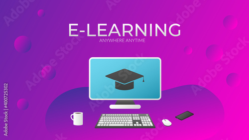 Design concept vector template for web banner, e-learning, online learning anywhere anytime. Computer, monitor illustration. A vibrant purple-pink background with flowing abstract shapes. Copyspace.