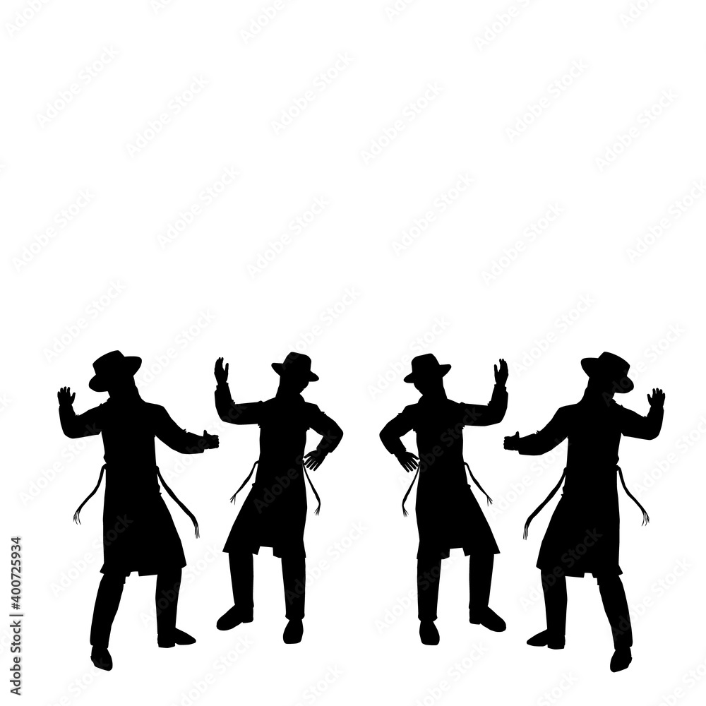 4 Jewish followers hasidic dancing. Flat vector silhouettes. Black on a