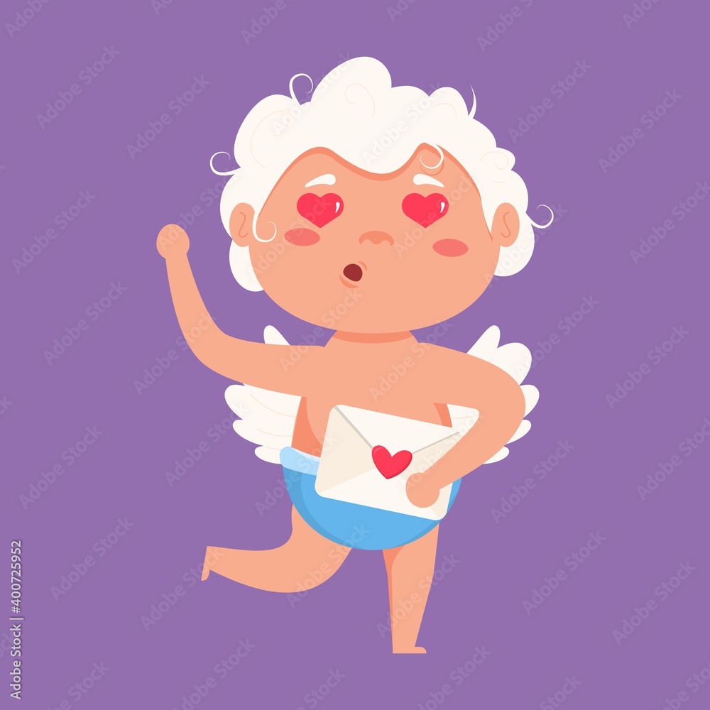 Valentine Cupid love playfully angel. Cute boy or girl cupid. Flying angel love envelope invitation.