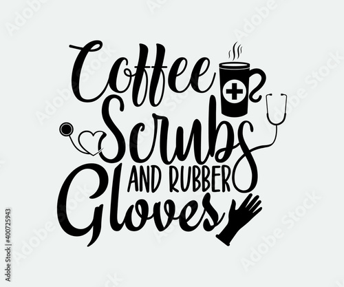 coffee typography Vintage Design. Coffee Scrubs And Rubber Gloves. Take away cafe poster, t-shirt for caffeine addicts. Modern calligraphy for advertising print products, banners, cafe menu.
