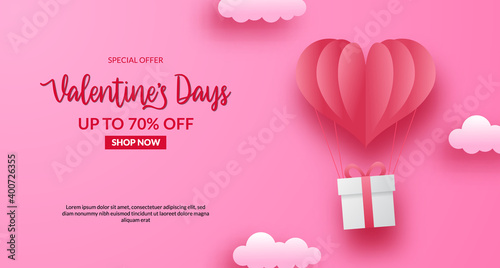 Valentine's day sale offer banner. balloon love heart shape paper cut style with gift box present.