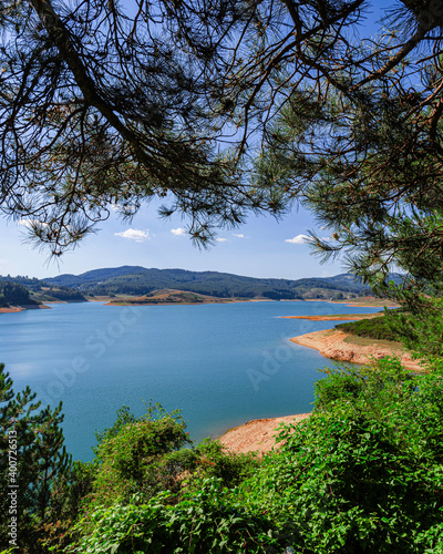 Mountain landscape, lake and mountain range, large panorama