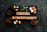 Merry Christmas. Sweets, gingerbread and candies. Banner. Top view. Sweet bar.